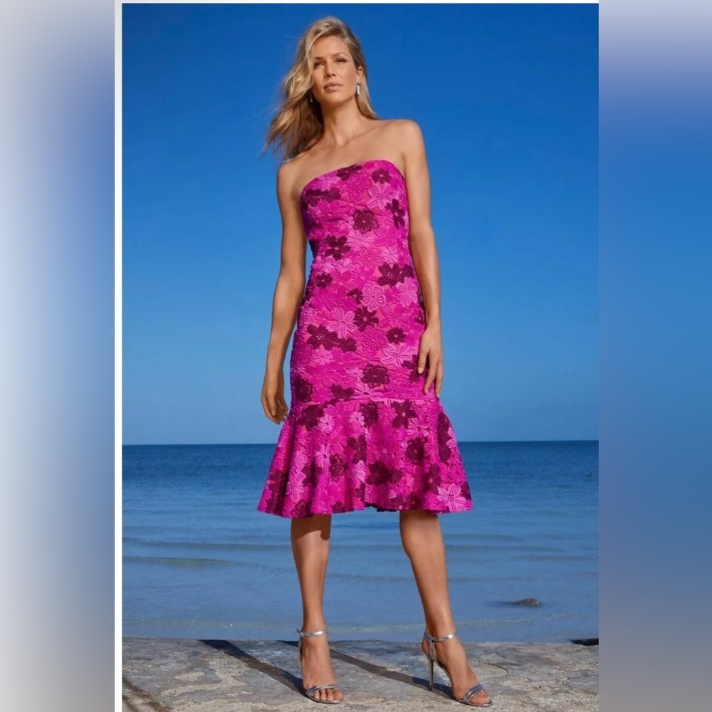 ALEXIA ADMOR BOSTON PROPER STRAPLESS PINK BARBIE LACE RUFFLE‎ HEM DRESS 10. B14